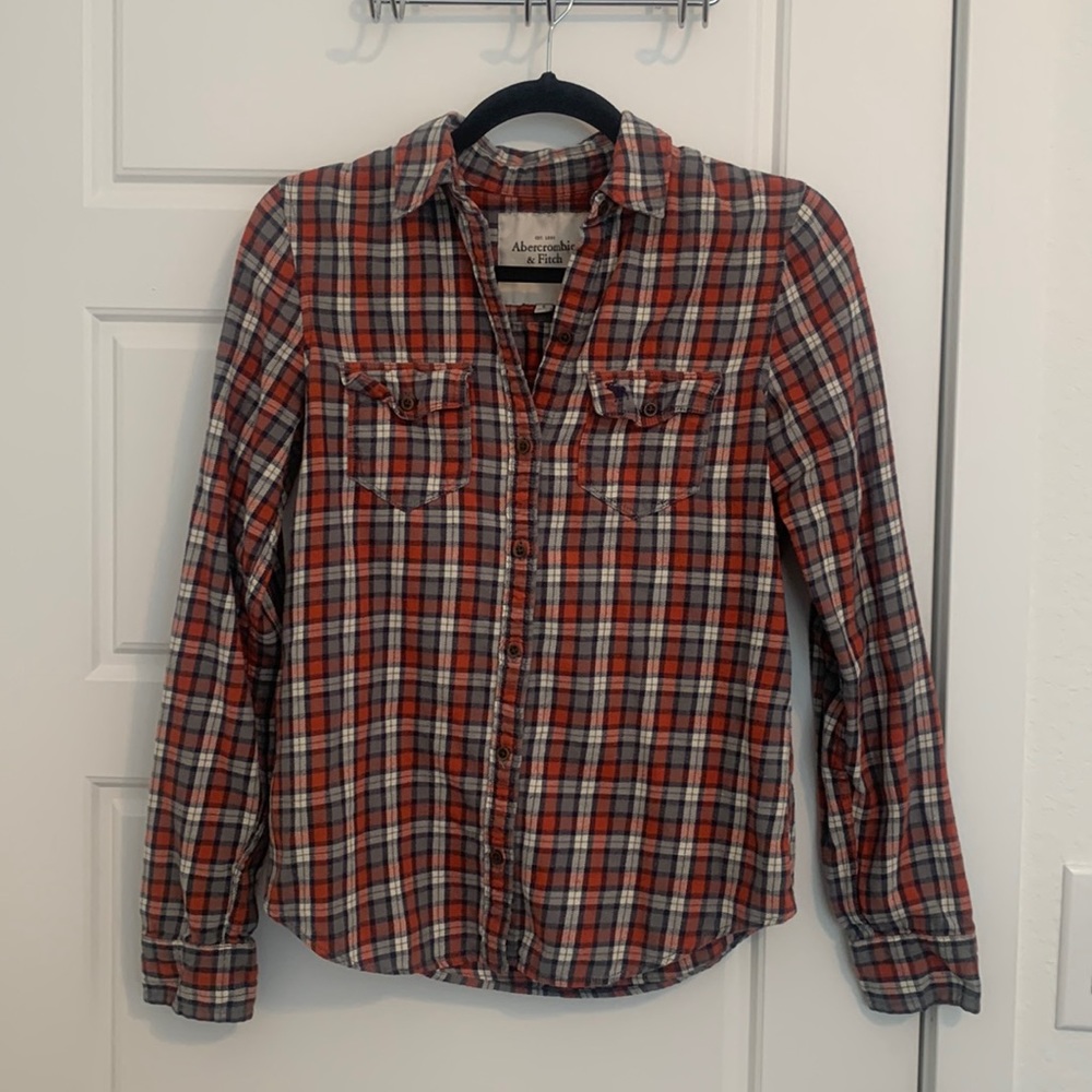 Abercrombie & Fitch Orange/Gray/Cream Plaid Button Down - Picture 2 of 7